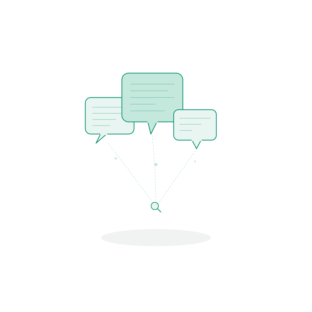 Illustration of three speech bubbles with different content diverging from a single search query