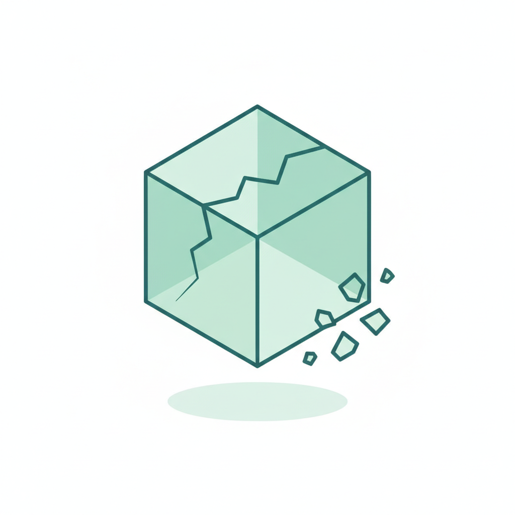 Isometric illustration of a fractured glass cube with fragments drifting away