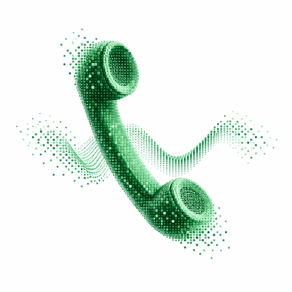 A telephone receiver and voice signal formed from fine green pixels on a white background.