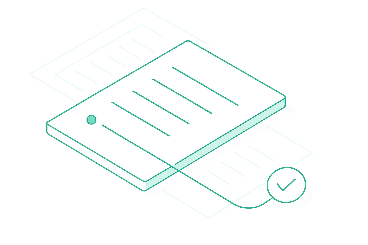 Isometric blueprint of a cited document page connected across to a separate winner badge, showing that being cited is not the same as being chosen
