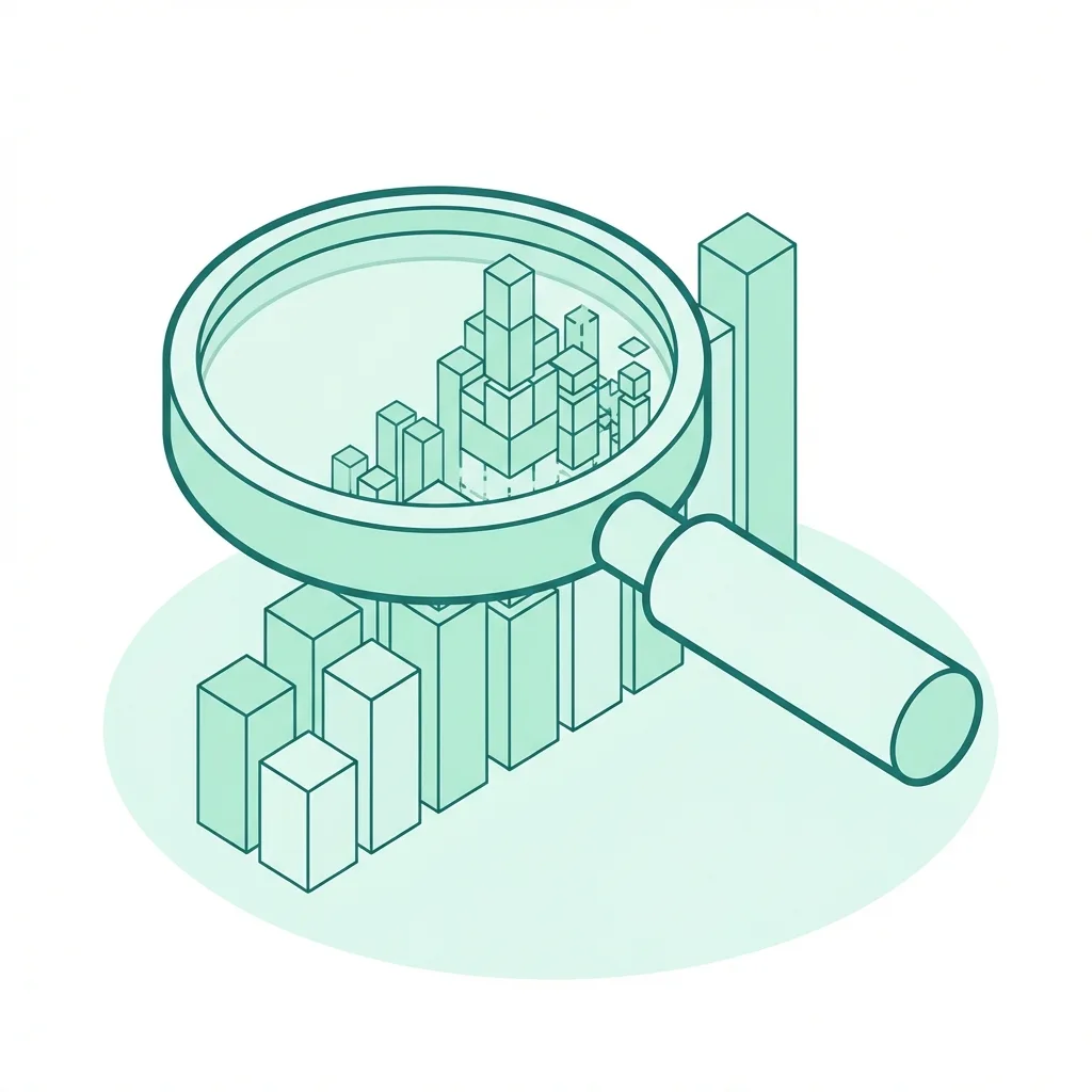 Isometric illustration of a magnifying glass analyzing data patterns